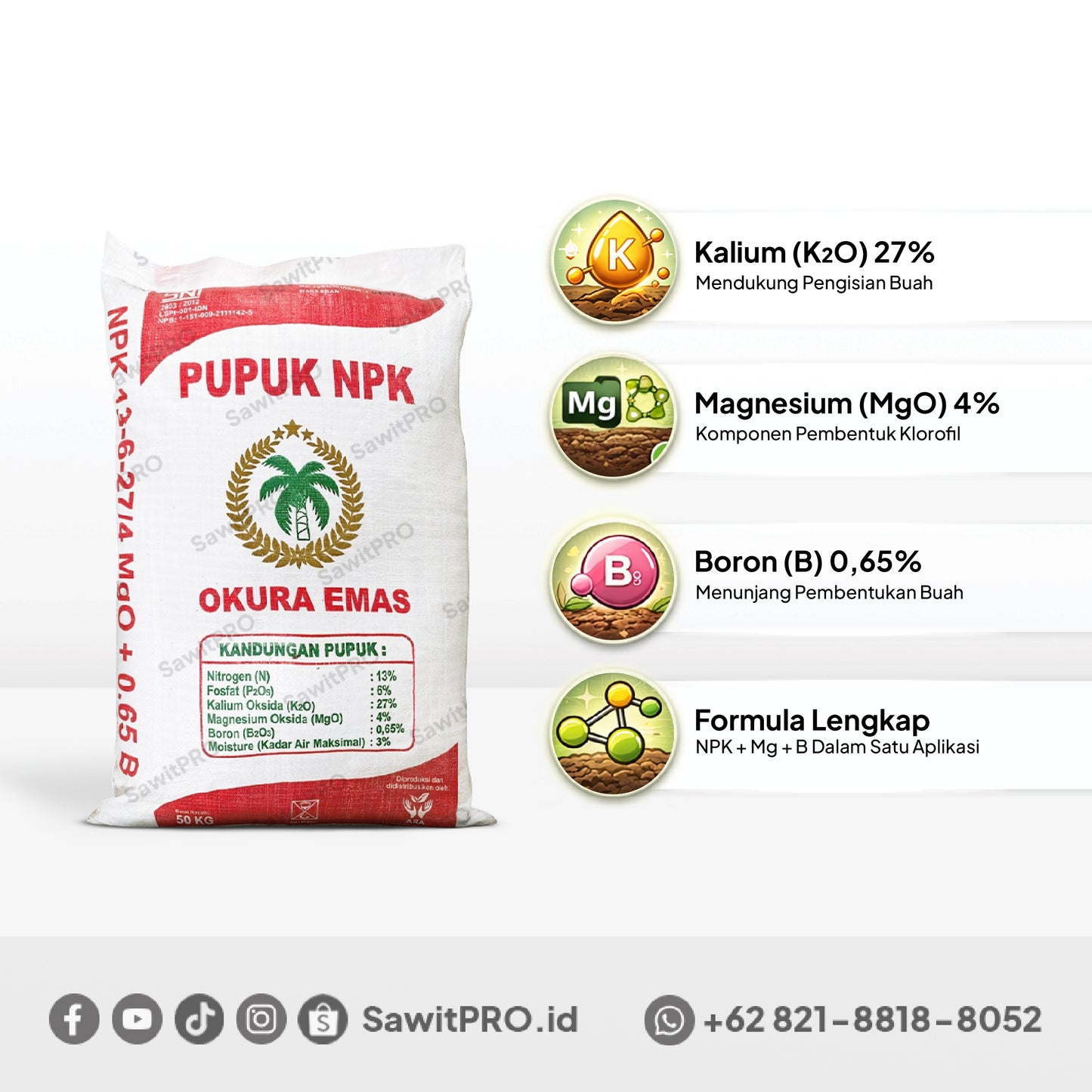 NPK Okura Emas 13-6-27-4 MGO+0.5B 50kg (GROSIR)